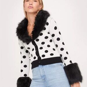 Polka Dot Faux Fur Trim Sweater Cardigan US 6